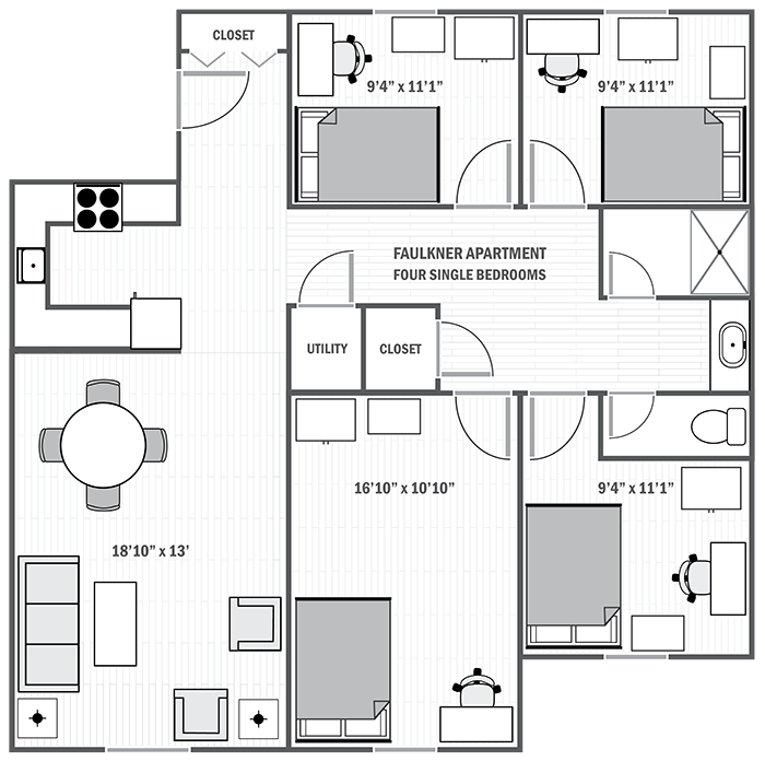 Faulkner Apartments four-bedroom sample floor plan